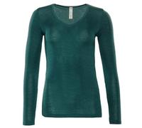 Living Crafts - Felicia - Langarm-Shirt - Funktionale und Elegante Unterwäsche, Bio-Wolle und Seide, Atmungsaktiv, V-Ausschnitt mit Spitzenborte (48/50, Dark Sea)