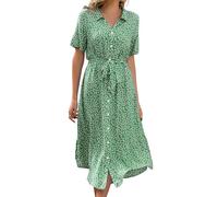 Livonmone Sommerkleid Damen Kurzarm Casual V-Ausschnitt Blumendruck Kleider Strandkleider Sexy Schlitz Midikleid Cocktailkleid Partykleid mit Gürtel (Grün, XXL)