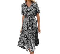 Livonmone Sommerkleid Damen Kurzarm Casual V-Ausschnitt Blumendruck Kleider Strandkleider Sexy Schlitz Midikleid Cocktailkleid Partykleid mit Gürtel (Schwarz, L)