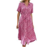 Livonmone Sommerkleid Damen Kurzarm Casual V-Ausschnitt Blumendruck Kleider Strandkleider Sexy Schlitz Midikleid Cocktailkleid Partykleid mit Gürtel (Rose Rot, M)