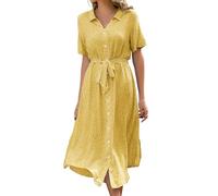 Livonmone Sommerkleid Damen Kurzarm Casual V-Ausschnitt Blumendruck Kleider Strandkleider Sexy Schlitz Midikleid Cocktailkleid Partykleid mit Gürtel (Gelb, S)