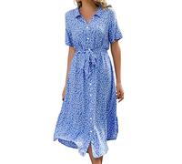 Livonmone Sommerkleid Damen Kurzarm Casual V-Ausschnitt Blumendruck Kleider Strandkleider Sexy Schlitz Midikleid Cocktailkleid Partykleid mit Gürtel (Blau, XXL)