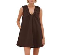 Livtany Damen U-Ausschnitt Babydoll Niedliches Minikleid Flowy Ärmellos Kurzes Kleid Geraffte Loose Fit Sommerkleider mit Taschen, Braun, Klein