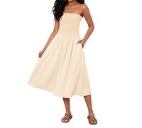 Livtany Schulterfreies Midi-Kleid, trägerlos, ärmellos, fallende Taille, A-Linie, trendiges Sommerkleid, Swing-Patchwork-Kleid, Beige, Klein