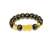 Feng-Shui-Armband aus schwarzem Obsidian, Feng-Shui-Armband für Herren/Frauen mit Sagin-Pixiu-Charakter zum Schutz, kann Glück und Wohlstand bringen, geeignet für jeden Anlass, Uni (D), 10, Gummi