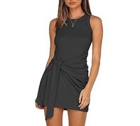 LIYOHON Damen Sommer Kurzes Kleid Casual Rundhalsausschnitt ärmellos einfarbig gerafft Krawatte Taille Bodycon Tank Minikleider - Schwarz - Klein