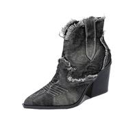 LIZHAYG Cowboystiefel Damen Kurze Denim-Stiefel im Retro-Stil, Damenschuhe, modisch, for Hineinschlüpfen, spitze Zehenpartie, Chunk Heels, Booties, Western-Cowboystiefel(Black,38)