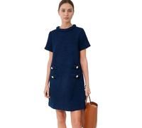 LJYAUTO Damen 60er Jahre Mod Kleid 2024 Tweed Elegant Formell Rundhals Minikleid Vintage Knopf Kurzarm A-Linie Kleider, dunkelblau, X-Large