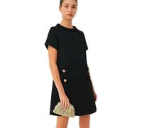 LJYAUTO Damen 60er Jahre Mod Kleid 2024 Tweed Elegant Formell Rundhals Minikleid Vintage Knopf Kurzarm A-Linie Kleider, Schwarz , XXL