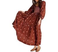 LJYAUTO Damen-Maxikleid mit Blumenstickerei, ästhetische Laternenärmel, quadratischer Ausschnitt, fließendes großes Swing-Kleid, lässig, Bohemian-Kleid, A-Linie, braun, L