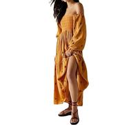 LJYAUTO Damen-Maxikleid mit Blumenstickerei, ästhetische Laternenärmel, quadratischer Ausschnitt, fließendes großes Swing-Kleid, lässig, Bohemian-Kleid, A-Linie, ingwer, L