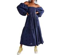 LJYAUTO Damen-Maxikleid mit Blumenstickerei, ästhetische Laternenärmel, quadratischer Ausschnitt, fließendes großes Swing-Kleid, lässig, Bohemian-Kleid, A-Linie, navy, L