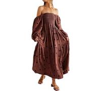 LJYAUTO Damen-Maxikleid mit Blumenstickerei, ästhetische Laternenärmel, quadratischer Ausschnitt, fließendes großes Swing-Kleid, lässig, Bohemian-Kleid, A-Linie, dunkelbraun, Medium