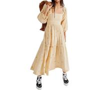 LJYAUTO Damen-Maxikleid mit Blumenstickerei, ästhetische Laternenärmel, quadratischer Ausschnitt, fließendes großes Swing-Kleid, lässig, Bohemian-Kleid, A-Linie, aprikose, Small