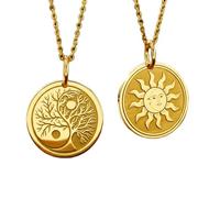LKBEADS Yin Yang Baum des Lebens Sonnengesicht Anhänger Halskette Set 2 Goldplattiertes 925 Sterling Silber 28mm Münzmedaillon Himmlischer Natur Spiritueller Schmuck