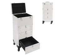 LKHDONG Kosmetikkoffer Schminkkoffer Kosmetik Trolley mit 3 Schubladen, Friseurkoffer Make-up Koffer mit Rollen & Teleskopstange, Abschließbarer (Silber-2)