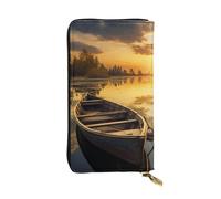 LKTPSKQRY Damen-Geldbörse, Leder, schmal, lang, Kartenhalter, Reißverschluss, Clutch, Fluss, Sonnenuntergang, Holz, Boot, Reise