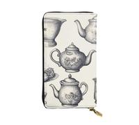 LKTPSKQRY Damen-Geldbörse, Leder, schmal, lang, Kartenhalter, Reißverschluss, Clutch, handgezeichnete Teekannen und Tassen, Reisegeldbörse