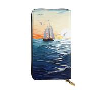 LKTPSKQRY Damen-Geldbörse, Leder, schmal, lang, Kartenhalter, Reißverschluss, Clutch, Ozeanwellen, Segelboot mit Vögeln, Reisebrieftasche