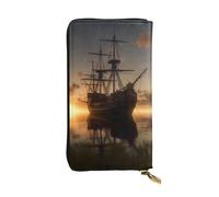 LKTPSKQRY Damen-Geldbörse, Leder, schmal, lang, Kartenhalter, Reißverschluss, Clutch, Schiff im Sonnenuntergang, Reisebrieftasche