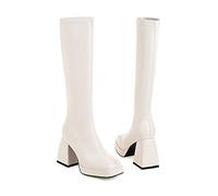 LLDG Damen Kniehohe Stiefe mit Blockabsatz mode Lackstiefel rutschfest Plateau Overknee Stiefel übers Knie Langschaft Schlupfstiefel Reiterstiefel Vintage Halblange, Weiß, 37 EU