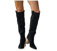 LLDG Damen Overknee Stiefel aus Veloursleder Langschaft Cowboy mit rundem Kopf Stretch Boots Pumps Modische Halblange Biker Mode-Stiefel Schlupfstiefel westernstiefel, Schwarz, 39 EU