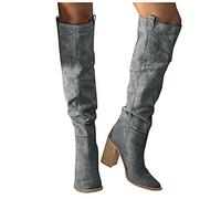 LLDG Damen Overknee Stiefel aus Veloursleder Langschaft Cowboy Stiefel mit rundem Kopf Stretch Boots Pumps Modische Halblange Stiefel sexy Biker Boots Mode-Stiefel Schlupfstiefel westernstiefel