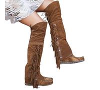 LLDG Damen Overknee Stiefel mit Fransen elegant Langschaft stiefel aus Veloursleder Retro Schlupfstiefel mode Warm Winterstiefel Vintage Wildleder Kniehohe Stiefel Flache übers Knie Stiefel