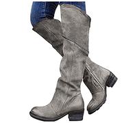 LLDG Damen Overknee Stiefel Modisch Halblange Stiefel mit Blockabsatz einfarbig Kniehohe Stiefel Elegante Langschaft Stiefel Retro Winterstiefel Mode übers Knie Stiefel Vintage Reiterstiefel