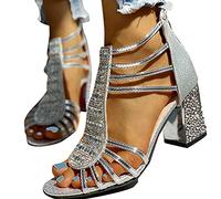 LLDG Römersandalen Damen Sommer Strass Peep Toe Sandaletten Sommersandalen Pump mit Blockabsatz Sexy Offene Zehen Sandalen glitzer Riemchensandalen Abend Party Kleid Schuhe Abendschuhe, Silber, 41 EU