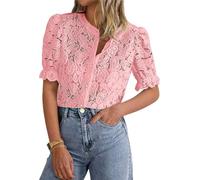 LLECDASEUI Damen Elegant Spitze Dressy Blusen 2025 Sommer Kurze Puffärmel Tunika-Oberteile Rundhalsausschnitt Button Down Hemden (S,Rosa)