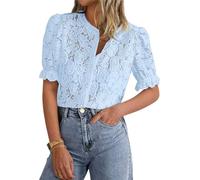 LLECDASEUI Damen Elegant Spitze Dressy Blusen 2025 Sommer Kurze Puffärmel Tunika-Oberteile Rundhalsausschnitt Button Down Hemden (L,Hellblau)
