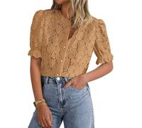 LLECDASEUI Damen Elegant Spitze Dressy Blusen 2025 Sommer Kurze Puffärmel Tunika-Oberteile Rundhalsausschnitt Button Down Hemden (M,Khaki)