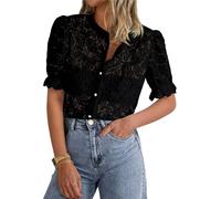 LLECDASEUI Damen Elegant Spitze Dressy Blusen 2025 Sommer Kurze Puffärmel Tunika-Oberteile Rundhalsausschnitt Button Down Hemden (XL,Schwarz)