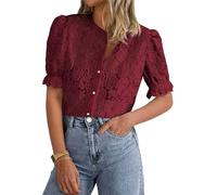 LLECDASEUI Damen Elegant Spitze Dressy Blusen 2025 Sommer Kurze Puffärmel Tunika-Oberteile Rundhalsausschnitt Button Down Hemden (L,Weinrot)