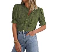 LLECDASEUI Damen Elegant Spitze Dressy Blusen 2025 Sommer Kurze Puffärmel Tunika-Oberteile Rundhalsausschnitt Button Down Hemden (XL,Armeegrün)