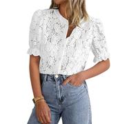 LLECDASEUI Damen Elegant Spitze Dressy Blusen 2025 Sommer Kurze Puffärmel Tunika-Oberteile Rundhalsausschnitt Button Down Hemden (L,Weiß)