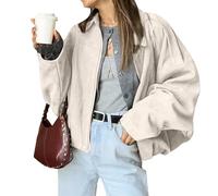 LLECDASEUI Damen Faux Wildleder Bomberjacke Reißverschluss Pilot Mantel lässig Revers überdimensioniert lange Ärmel Y2K Oberbekleidung Mäntel (M,Beige)