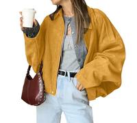 LLECDASEUI Damen Faux Wildleder Bomberjacke Reißverschluss Pilot Mantel lässig Revers überdimensioniert lange Ärmel Y2K Oberbekleidung Mäntel (L,Orange)