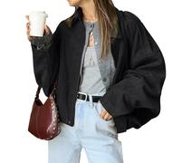 LLECDASEUI Damen Faux Wildleder Bomberjacke Reißverschluss Pilot Mantel lässig Revers überdimensioniert lange Ärmel Y2K Oberbekleidung Mäntel (L,Schwarz)