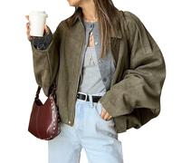 LLECDASEUI Damen Faux Wildleder Bomberjacke Reißverschluss Pilot Mantel lässig Revers überdimensioniert lange Ärmel Y2K Oberbekleidung Mäntel (L,Armeegrün)