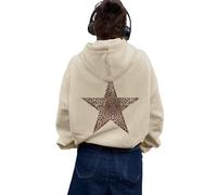 LLECDASEUI Damen Gepard Leopard Star Hoodie Grafik Print Fleece Y2k Übergroßes Kapuzen-Sweatshirt (Khaki,XL)