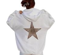 LLECDASEUI Damen Gepard Leopard Star Hoodie Grafik Print Fleece Y2k Übergroßes Kapuzen-Sweatshirt (Weiß,S)