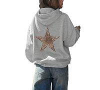 LLECDASEUI Damen Gepard Leopard Star Hoodie Grafik Print Fleece Y2k Übergroßes Kapuzen-Sweatshirt (Grau,L)