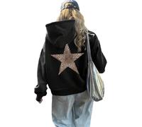 LLECDASEUI Damen Gepard Leopard Star Hoodie Grafik Print Fleece Y2k Übergroßes Kapuzen-Sweatshirt (Schwarz,S)