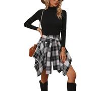 LLECDASEUI Damen Karierter Minirock Hohe Taille Asymmetrischer Saum Ausgestellter Knoten Vorne Lässige Mode Rock (Schwarz,XL)