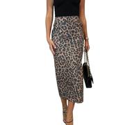 LLECDASEUI Damen Langer Kunstlederrock Bodycon Hohe Taille Schlank Bleistift Bauchkontrolle Midirock mit Taschen (Leopard,L)