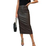 LLECDASEUI Damen Langer Kunstlederrock Bodycon Hohe Taille Schlank Bleistift Bauchkontrolle Midirock mit Taschen (Kaffee,S)