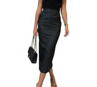 LLECDASEUI Damen Langer Kunstlederrock Bodycon Hohe Taille Schlank Bleistift Bauchkontrolle Midirock mit Taschen (Schwarz,XL)