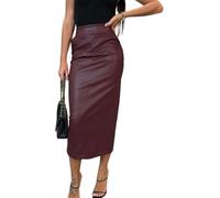 LLECDASEUI Damen Langer Kunstlederrock Bodycon Hohe Taille Schlank Bleistift Bauchkontrolle Midirock mit Taschen (Rot,M)